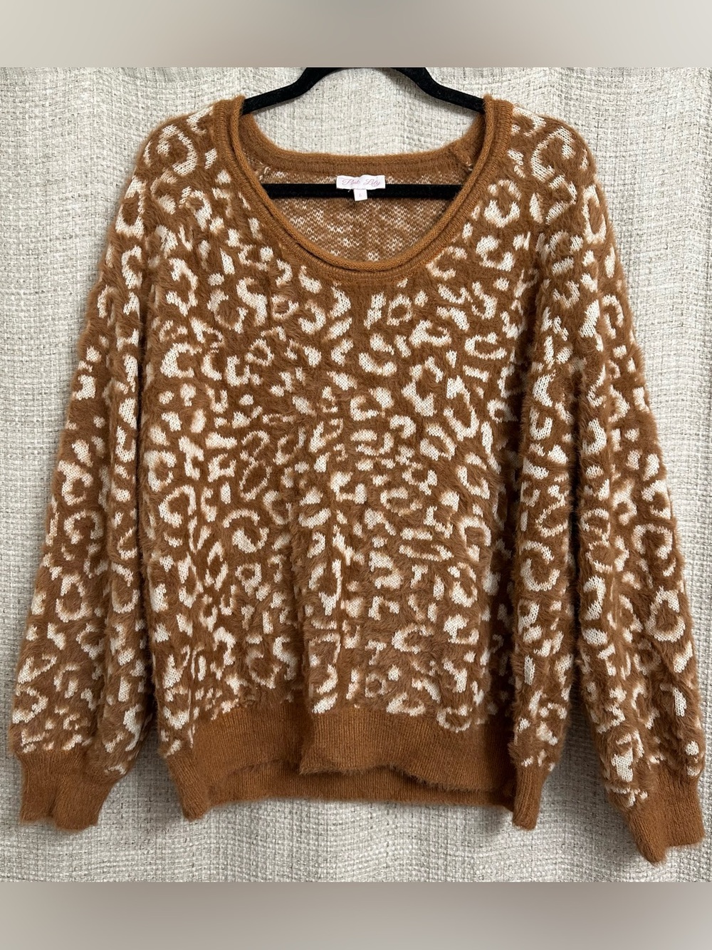 Pink Lily Oversized Fuzzy Sweater Cheetah Leopard Print Camel Brown Large Boho